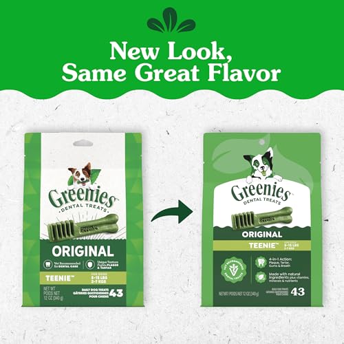 Greenies Veterinarian-Recommended Adult Natural Dental Dog Treats Teenie Size, Dog Dental Chews, Original Flavor, 12 oz. Pack, 43 Count