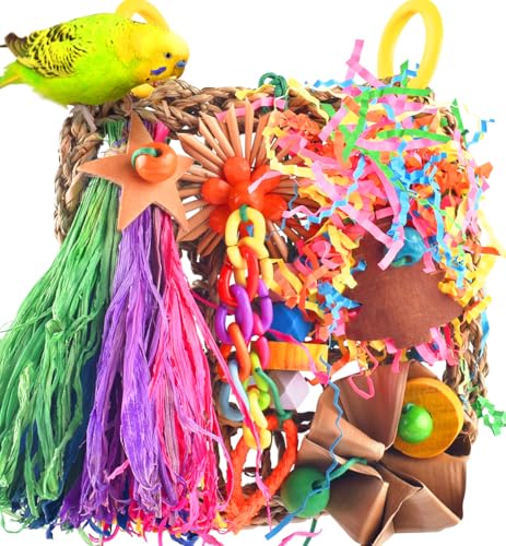 KATUMO Conure Toys, Bird Grass Mat Parakeet Shredder Hanging Toy Cockatiel Foraging Entertainments Parrot Climbing Wall Chewy Lovebird Cage