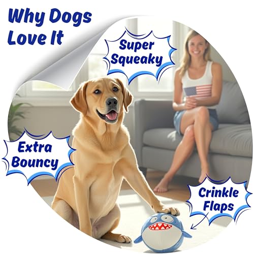 3 in 1 Squeaky Soft Plush Durable Dog Chew Toy for Aggressive Chewers, No Stuffing Interactive Tough Rip & Reveal Crinkle Blue Shark Ball in Gift