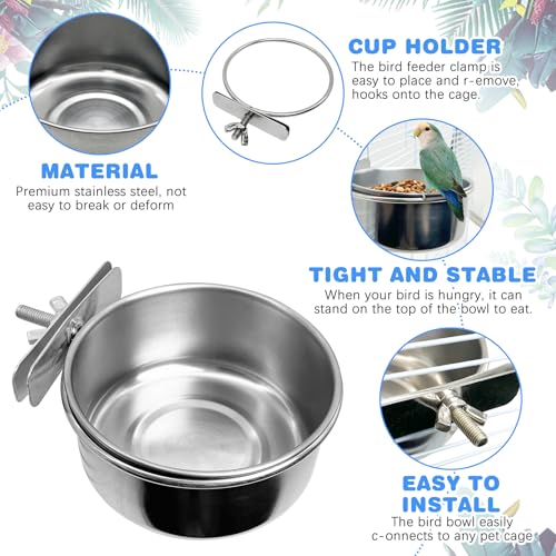 Tfwadmx Bird Feeding Dish Cups Parrot Food Bowl Clamp Holder Coop Cup, 2PCS Bird Cage Water Bowl for Parakeet African Greys Conure Cockatiels