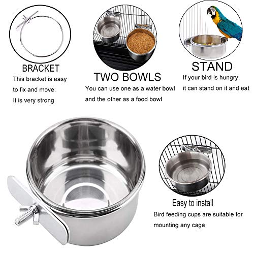 PINVNBY Parrot Feeding Cups Birds Food Dish Stainless Steel Parrot Feeders Water Cage Bowls with Clamp Holder for Cockatiel Conure Budgies Parakeet