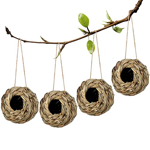 winemana 4 Pack Hanging Bird Nest House for Outside, Ball Shape, Hand Woven, Durable Sturdy, Made of Natural Grass, Perfect for Garden Patio Lawn
