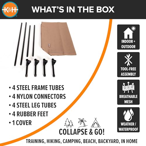 K&H Outdoor Elevated Dog Bed - Cooling Raised Dog Bed for Small & Medium Pets, Breathable Mesh Hammock Design, Indoor/Outdoor Washable Cover, Portable Metal Frame, Tan, Medium 32x25in