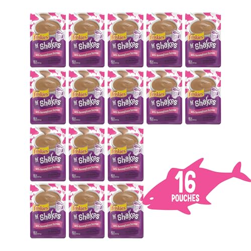 Purina Friskies Pureed Cat Food Topper, Lil’ Shakes With Scrumptious Salmon Lickable Cat Treats - (Pack of 16) 1.55 oz. Pouches