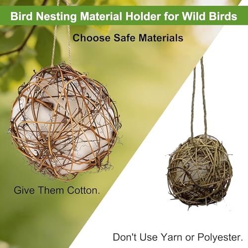 winemana Bird Nesting Material Holder for Hummingbirds, 3 Pack Natural Nesting Balls with Cotton Fibers for Wild Birds Outdoor Hummingbird House Gift