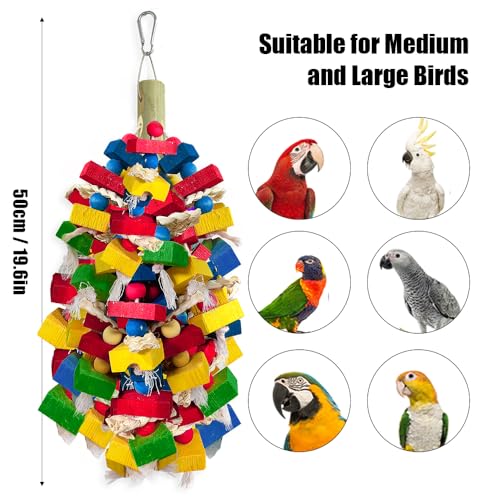 Parrot Toys for Large Birds, Multicolored Wooden Blocks Bird Chewing Toy Parrot Cage Bite Toy for Macaws Cokatoos African Grey and Large Medium