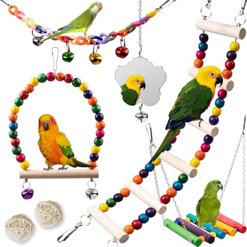 Bird Toys for Parakeets 7Pcs, Wood Parrots Budgie Cage Accessories, Bird Perch Swings for Small Conure Cockatiel Toys, Bird Ladder Swing for