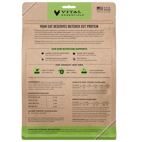 Vital Essentials Freeze Dried Cat Food, Raw Rabbit Crunchy Mini Nibs | Complete Meal or Topper | 96% Rabbit, Organs & Bone | Limited Ingredient, High