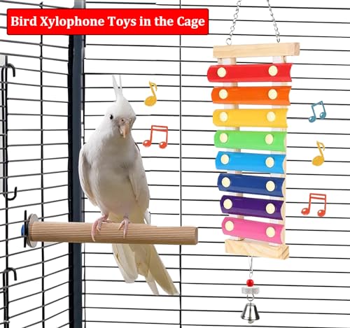 Large Parrot Suspensible Xylophone Toy, Multicolored Natural Wooden Bird Chewing Toys with Grinding Stone for Large, Medium Birds, Macaws, African