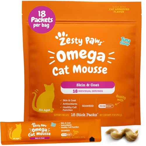 Zesty Paws Omega Cat Mousse Squeezable Cat Treats - with Seaweed, Omega Fatty Acids, Antioxidants Vitamins & Minerals - Skin & Coat Support for Cats