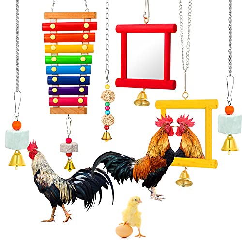 Sumind 6 Pieces Chicken Mirror Chicken Toys for Coop with Bells, Hen Xylophone Toy with 8 Metal Keys, Parrot Grinding Stone, Sepak Takraw Toy