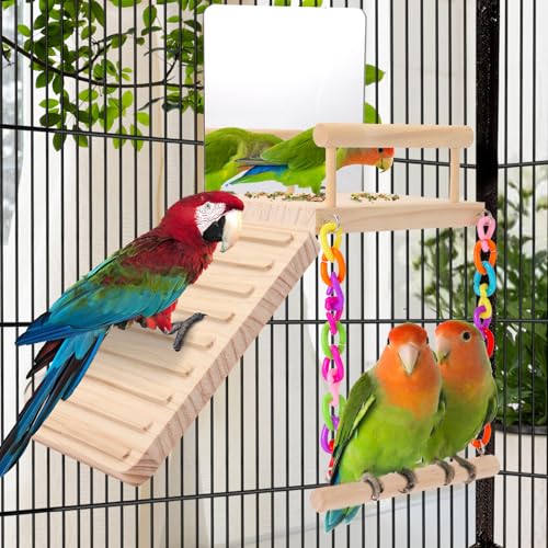 KyoukiBird Perch Platform Bird Toys with Bird Mirror Climbing Ladder Swing, Parakeet Cage Accessories - for Cockatiels, Lovebirds, Budgies,Pacific