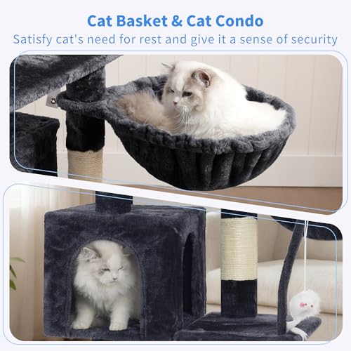 Heybly Cat Tree with Toy, Cat Tower Condo for Indoor Cats, Cat House with Padded Plush Perch, Cozy Hammock and Sisal Scratching Posts, Smoky Gray