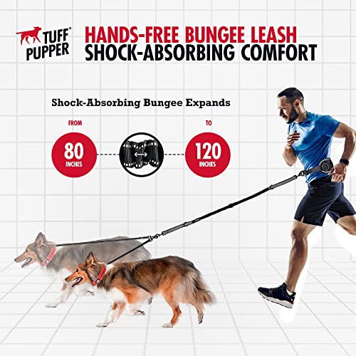 Tuff Pupper Heavy Duty Hands Free Bungee Dog Leash | Two Large Dogs Up to 250 lbs | Comfortable Shock Absorbing Bungee | Reflective Dual Padded