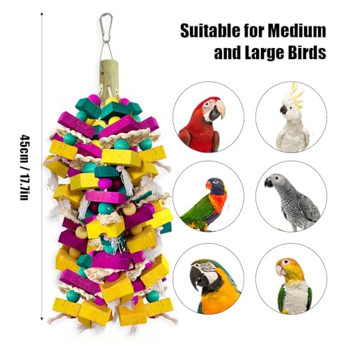 Large Bird Toys, Multi-Color Wooden Block with Bamboo Support Bird Chewing Toy Parrot Cage Bite Toy for Macaws Cokatoos African Grey and Large Medium