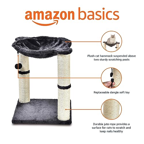 Basics Sturdy Cat Condo Tower with Hammock Bed and Scratching Posts, Interactive Hanging Ball Toy for Indoor Cats, 15.8" x 15.8" x 19.7", Gray