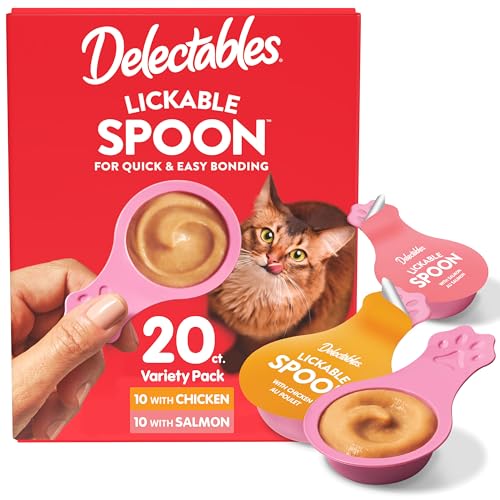 Delectables Lickable Spoon Handheld Wet Cat Treats Made with Real Chicken & Salmon, Quick & Easy Creamy Puree, Mess Free, Grain-Free, No Added