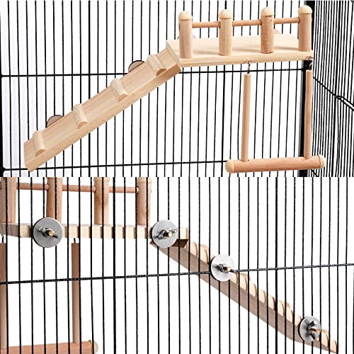 Bird Perches Platform Swing with Climbing Ladder, Parakeet Cage Accessories Wooden Playing Gyms Exercise Sturdy for Small Birds