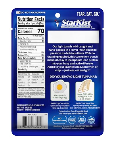StarKist Light Tuna in Water Pouch (2.6 oz - 12 Pack) Ready to Eat, Wild Caught, High Protein Shelf Stable Seafood, Gluten Free, Soy Free, No