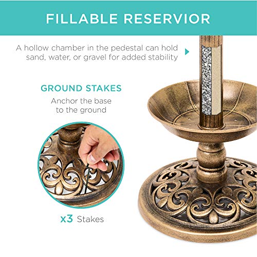 Best Choice Products Outdoor Solar Lighted Pedestal Bird Bath Fountain Decoration w/Planter, Integrated Panel, Scroll Accents for Lawn, Garden
