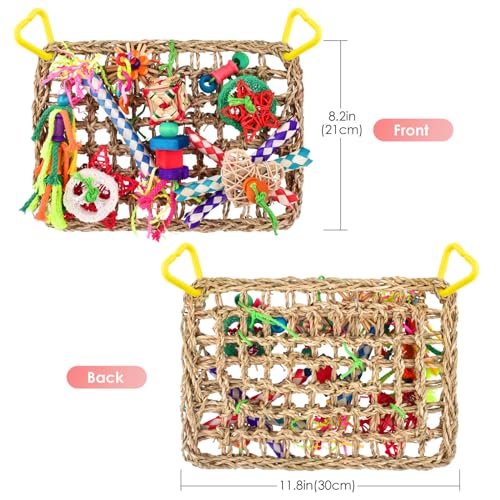 KATUMO Bird Toys, Bird Foraging Wall Toy, Edible Seagrass Woven Climbing Hammock Mat with Colorful Chewing Toys, Suitable for Lovebirds, Finch