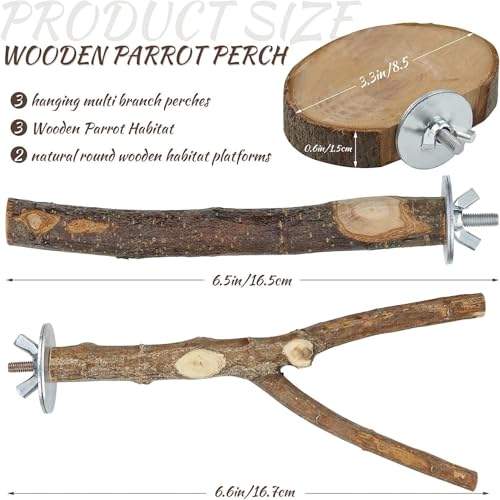 8-Piece Set Natural Wood Bird Perches - Wooden Parrot Stand with Fork Toys, Hanging Multi-Branch Platform, Hammock Swing - Suitable for Parakeets