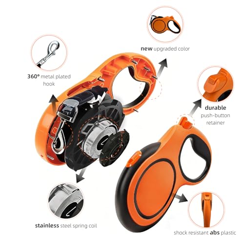 26Ft Retractable Dog Leash, Heavy Duty Great Leash for Dog up to 110 lbs, Anti-Slip Rubberized Handle, One-Handed Brake, Strong Nylon Tape, Tangle Free(Large，Orange&Black).