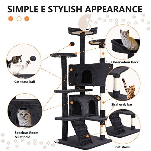 BestPet | 54" Cat Tree Tower | Dark Gray | Sturdy, Easy to Assemble, Multi-Level Activity Center with Sisal Scratching Posts, Condos, Perches