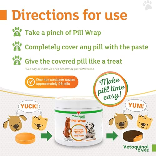 Vetoquinol Pill Wrap Treats for Dogs & Cats – 4oz, 56 servings – Hides Any Size, Shaped Pill – Moist, Flavorful & Shapeable Pill Pocket Paste
