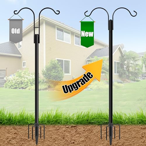 XDW-GIFTS Double Shepherds Hooks for Outdoor, 2-Pack Heavy Duty Garden Pole for Hanging Bird Feeder, Plant Baskets, Solar Light Lanterns, Garden