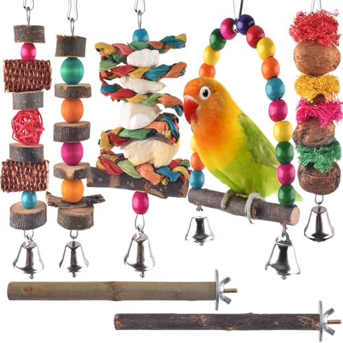 Bissap Bird Chew Toys, 7 Packs Parakeet Natural Wood Toys Parrot Hanging Cage Toy Perch Stand for Small Birds Conure Cockatiel Parrotlet Lovebird