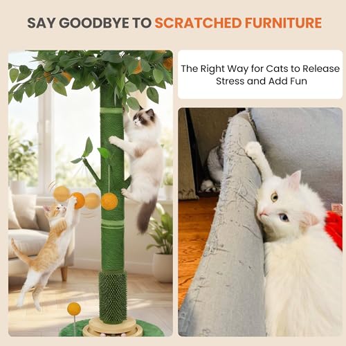 53" Extra Tall Cat Scratching Post for Large Cats, Heavy Duty Vertical Scratcher with Natural Sisal Rope, Stable Climbing Pole with Hanging Ball for