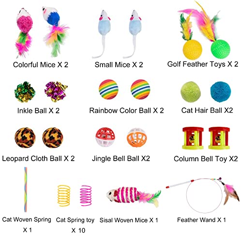 32Pcs Cat Toys Kitten Interactive Pet Toys Assortments, Foldable Rainbow Tunnel, Teaser Wand Fluffy Mouse Crinkle Balls Bell Play for Puppy Kitty (3