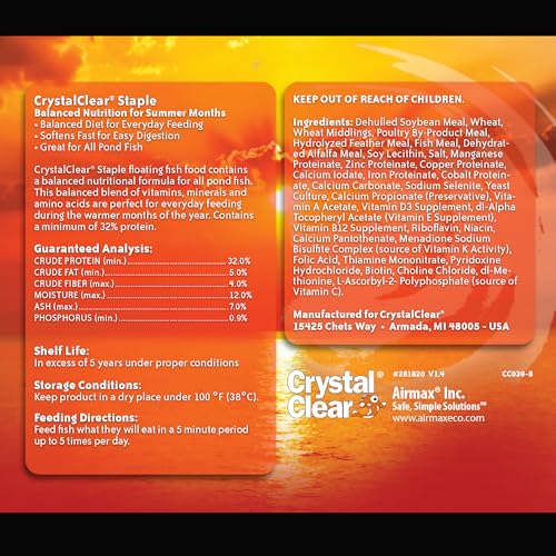 CrystalClear Staple Pond Fish Food for Healthy Koi & Goldfish, Protein Packed Floating Pellets for Summer Nutrition, Easy Digestion, 2.2 Pound Bag