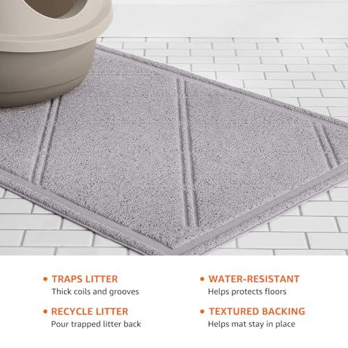 Basics Less-Mess Litter Trapping Cat Litter Box Mat, Soft on Kitty Paws, Waterproof, Scatter Control, 24" x 35", Grey