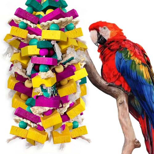 Large Bird Toys, Multi-Color Wooden Block with Bamboo Support Bird Chewing Toy Parrot Cage Bite Toy for Macaws Cokatoos African Grey and Large Medium