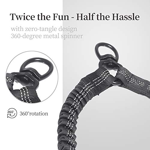Double Dog Leash with Two Extra Traffic Handles, 360 Swivel No Tangle Dual Dog Walking Leash, Comfortable Shock Absorbing Reflective Bungee for Two