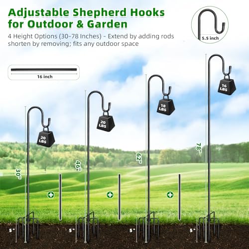 COCONUT 78" Heavy Duty Shepherds Hooks for Outdoor, Bird Feeder Pole with 5 Prong Base, Adjustable Height Shepherds Hook for Hummingbird Feeder, Bird