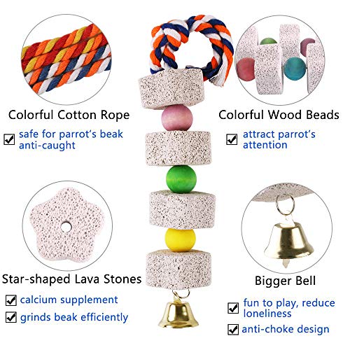 Unibene Parrot Chewing Toy, Bird Beak Grinding Stone with Bell, Lava Block Calcium Supplement Food for African Greys  Conure Eclectus Budgies