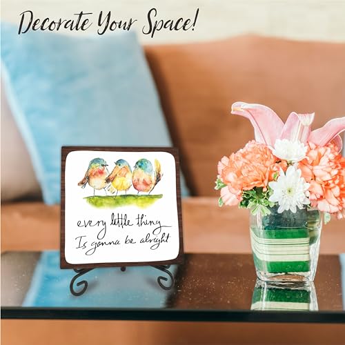 4" Bird Decor - Every Little Thing Is Gonna Be Alright - Spring Decor Watercolor Adorable Birds, Positive Quotes Wooden Plaque Desk Decor, Uplifting