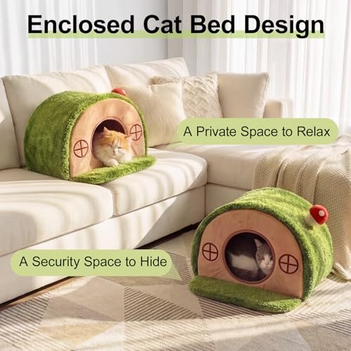 Cat House for Indoor Cats - Tree Hole Cat Bed Cave Hideaway | Enclosed Calming Shelter for Small Medium Pets, Removable & Washable Cushioned Pillow