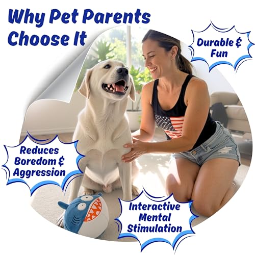 3 in 1 Squeaky Soft Plush Durable Dog Chew Toy for Aggressive Chewers, No Stuffing Interactive Tough Rip & Reveal Crinkle Blue Shark Ball in Gift