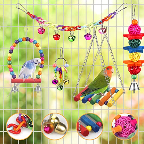 Bird Toys for Conures with Colorful Ladder Hammock Bird Cage Accerious Bird Perch Stand Chewing Toys Hanging Bell for Parrot Parakeet Cockatiel