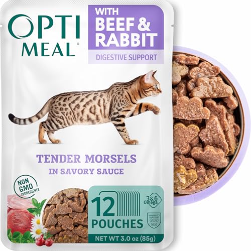 Optimeal Grain-Free Wet Cat Food Pouches – Beef & Rabbit in Savory Gravy, High Protein & Moisture-Rich Tender Morsels, Indoor Adult Cat Food Wet with