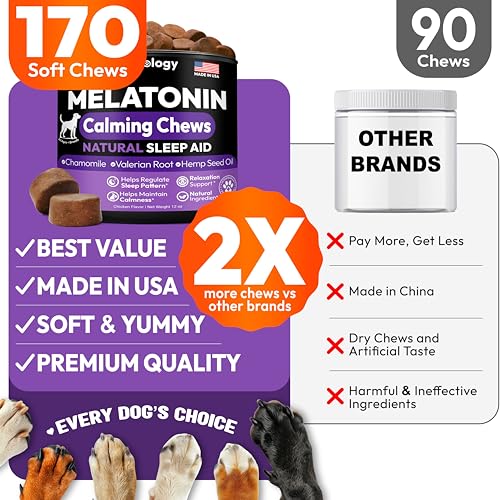 Advanced Melatonin for Dogs - 170 Dog Melatonin Calming Chews for Small and Large Dogs - Natural Hemp Dog Sleep Aid, Puppy Sleeping Pills, Anxiety