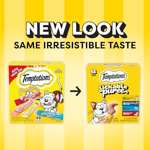 Temptations Creamy Puree Squeezable Lickable Cat Treats, Wet Cat Treats with Beef, Salmon, Chicken, and Tuna Variety Pack, 0.42 oz. Tubes, 48 Count