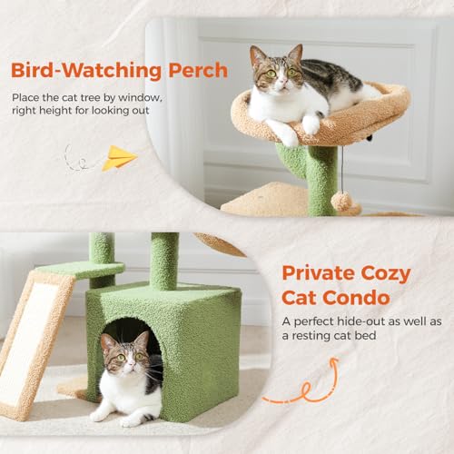 PETEPELA Cactus Cat Tree for Indoor Cats, 32'' Small Cat Tower Cat Condo with Sisal Scratching Ramp, Cozy Hammock and Removable Top Bed Perch for