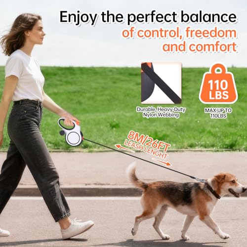 26Ft Heavy Duty Retractable Dog Leash with Dispenser and Poop Bags, for Small, Medium & Large Dogs Up to 110Lbs, 360° Tangle-Free Design and a