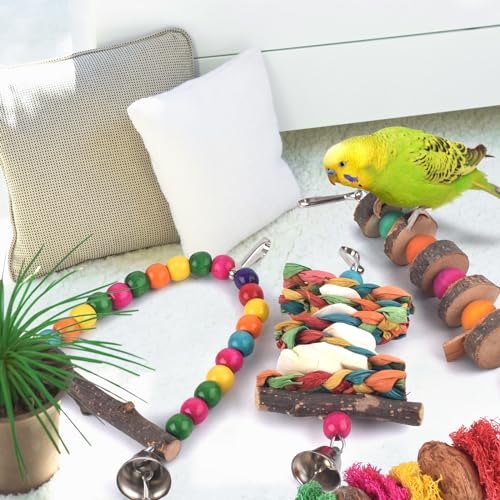 Bissap Bird Chew Toys, 7 Packs Parakeet Natural Wood Toys Parrot Hanging Cage Toy Perch Stand for Small Birds Conure Cockatiel Parrotlet Lovebird