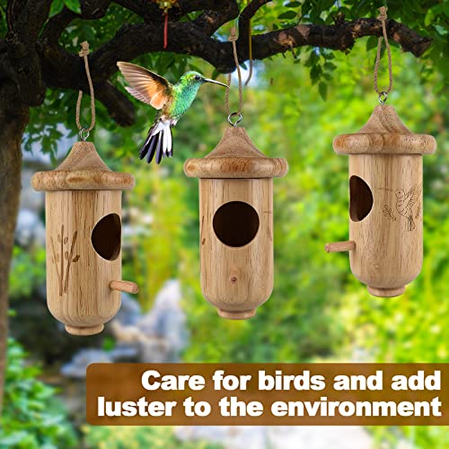 Hummingbird House for Outside Hanging, Small Wooden Hummingbird Gifts Nest 3 Pack with Hemp Ropes, Gardening Gifts Humming Bird Houses Home Decoration
